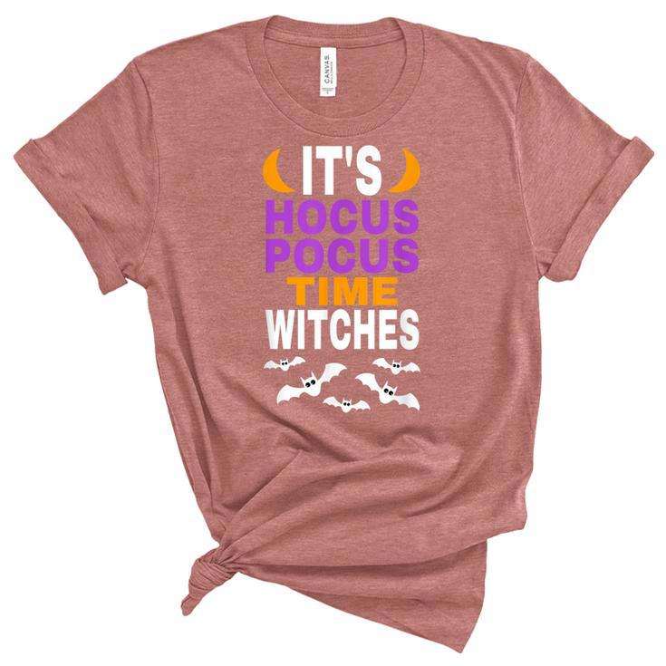 Halloween T  Its Hocus Pocus Time Witches Bats Flying Unisex Crewneck Soft Tee