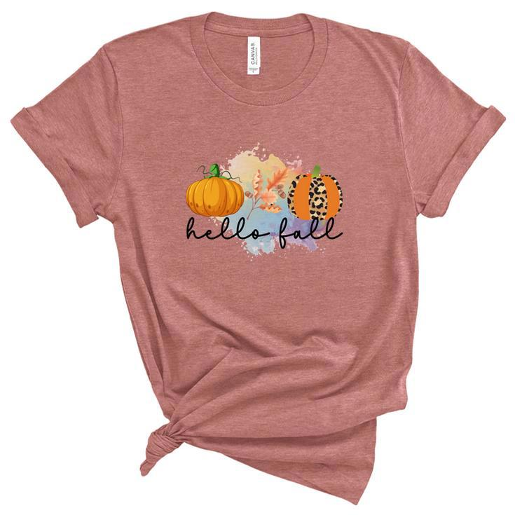 Hello Fall Pumpkins Thanksgiving Season Women's Short Sleeve T-shirt Unisex Crewneck Soft Tee