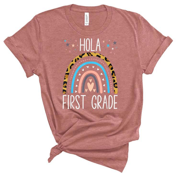 Hello Hola First Grade Spanish Teacher Kids Back To School  Unisex Crewneck Soft Tee