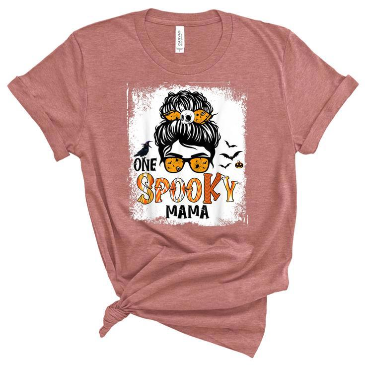 One Spooky Mama For Halloween Messy Bun Mom Monster Bleached  V5 Unisex Crewneck Soft Tee