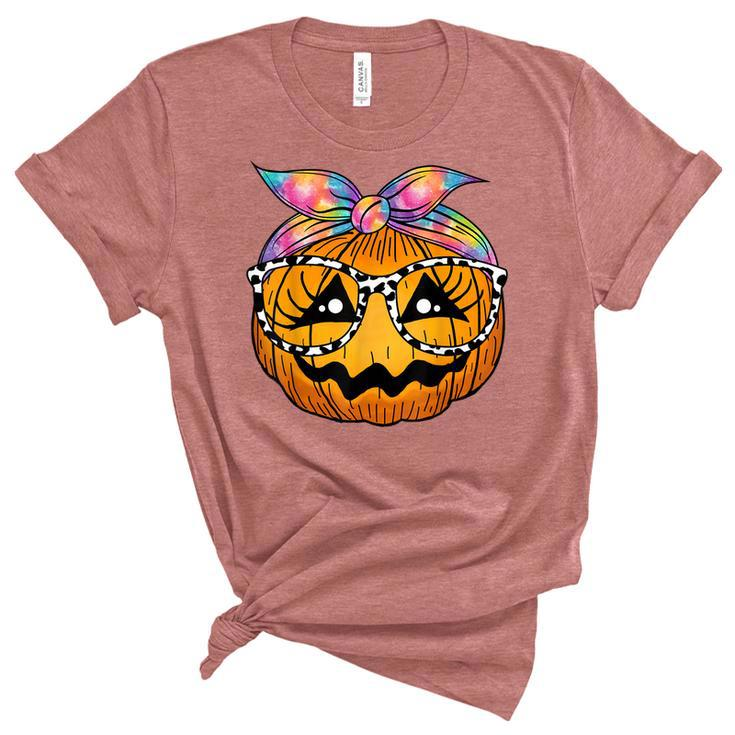 Pumpkin Face Tie Dye Leopard Glasses Halloween Costume Kids  Unisex Crewneck Soft Tee