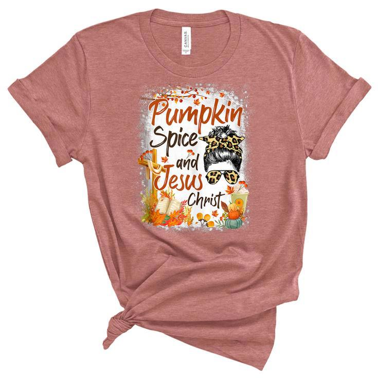 Pumpkin Spice And Jesus Christ Leopard Messy Bun Fall  Women's Short Sleeve T-shirt Unisex Crewneck Soft Tee