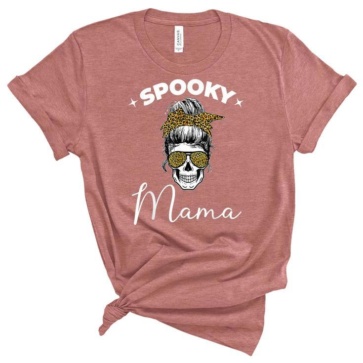 Spooky Mama Skull Messy Bun Glasses Leopard Halloween  V2 Unisex Crewneck Soft Tee