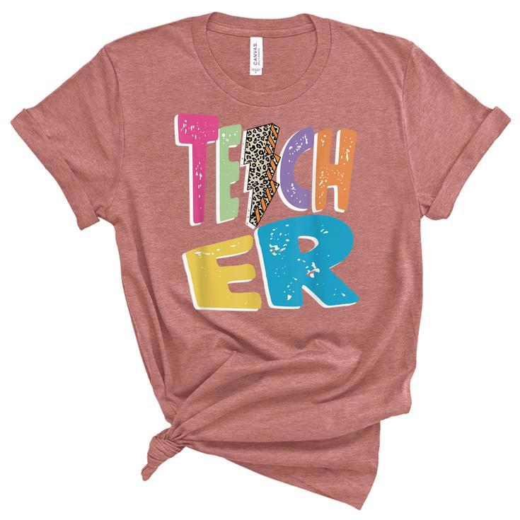 Teacher Colorful Distressed Leopard Lightning Bolt Trendy  Women's Short Sleeve T-shirt Unisex Crewneck Soft Tee