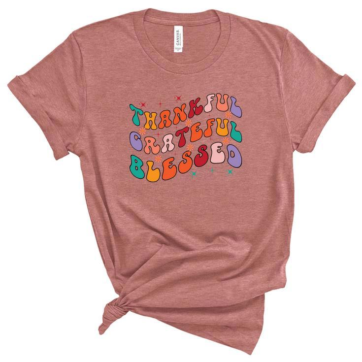Thankful Grateful Blessed Fall Glitter Gift Women's Short Sleeve T-shirt Unisex Crewneck Soft Tee