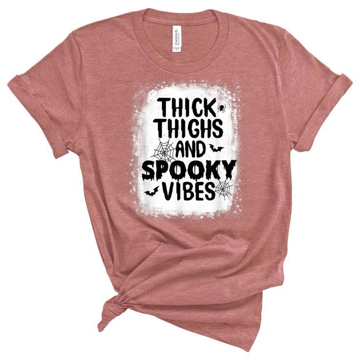 Thick Thigh And Spooky Vibes Happy Halloween Scary Bleached  Unisex Crewneck Soft Tee