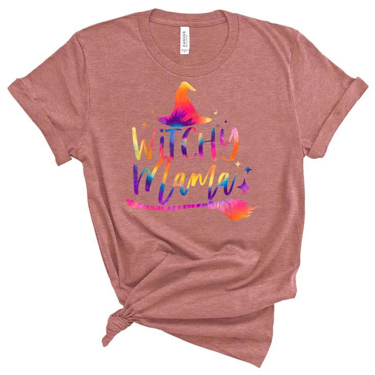 Tie Dye Witchy Mama Witch Hat Broom Spooky Mama Halloween  Unisex Crewneck Soft Tee