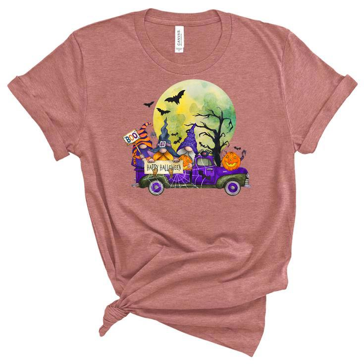 Truck With Cute Gnomes And Pumpkins In Halloween Unisex Crewneck Soft Tee