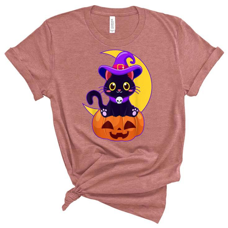 Vintage Scary Halloween Black Cat Costume Witch Hat & Moon  Unisex Crewneck Soft Tee
