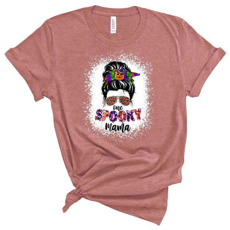 Womens One Spooky Mama Witchy Mama Halloween Messy Bun Mom Bleached  Unisex Crewneck Soft Tee