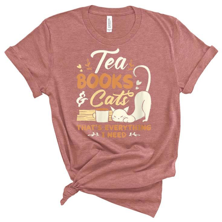 Womens Tea Books And Cats Cat Book Lovers Reading Book  Unisex Crewneck Soft Tee
