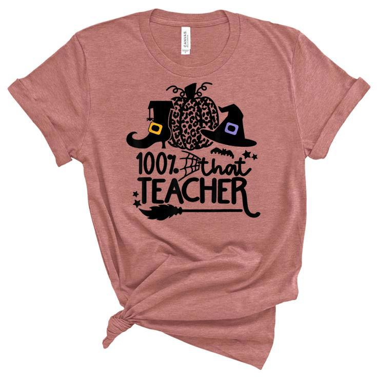 100 That Teacher Funny Teacher Halloween With Witch  Unisex Crewneck Soft Tee