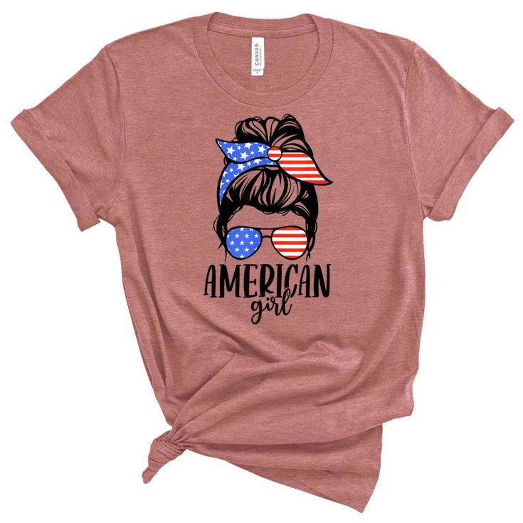 American Girl Messy Hair Bun Usa Flag Patriotic 4Th Of July  Unisex Crewneck Soft Tee