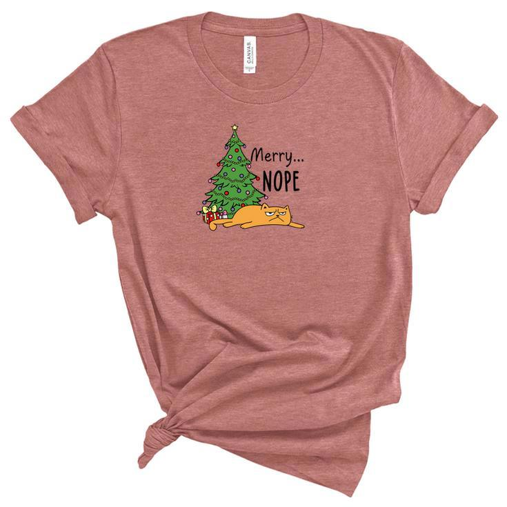Christmas Funny Cat Merry Nope Cat Lovers Gift Women's Short Sleeve T-shirt Unisex Crewneck Soft Tee