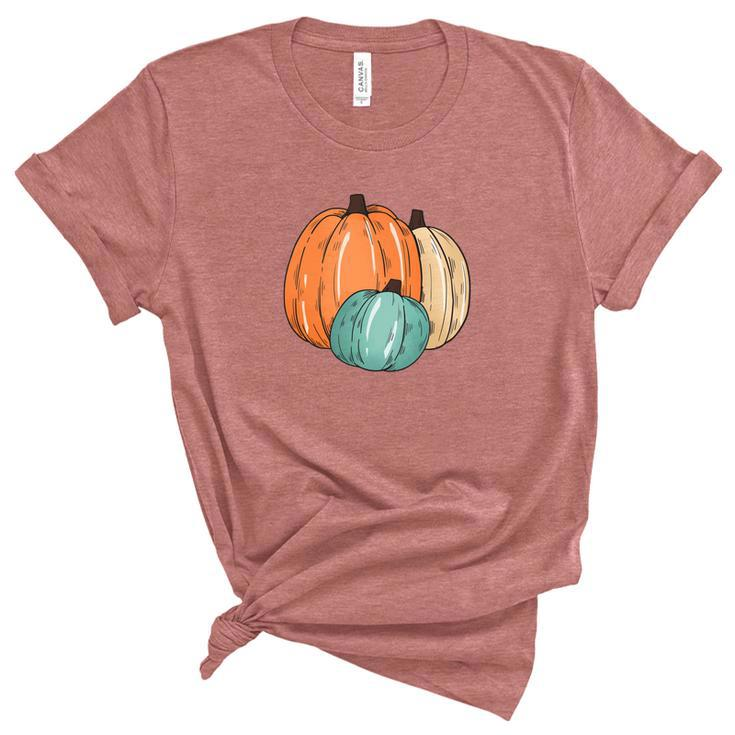 Colorful Pumpkins Happy Fall Season Present Women's Short Sleeve T-shirt Unisex Crewneck Soft Tee