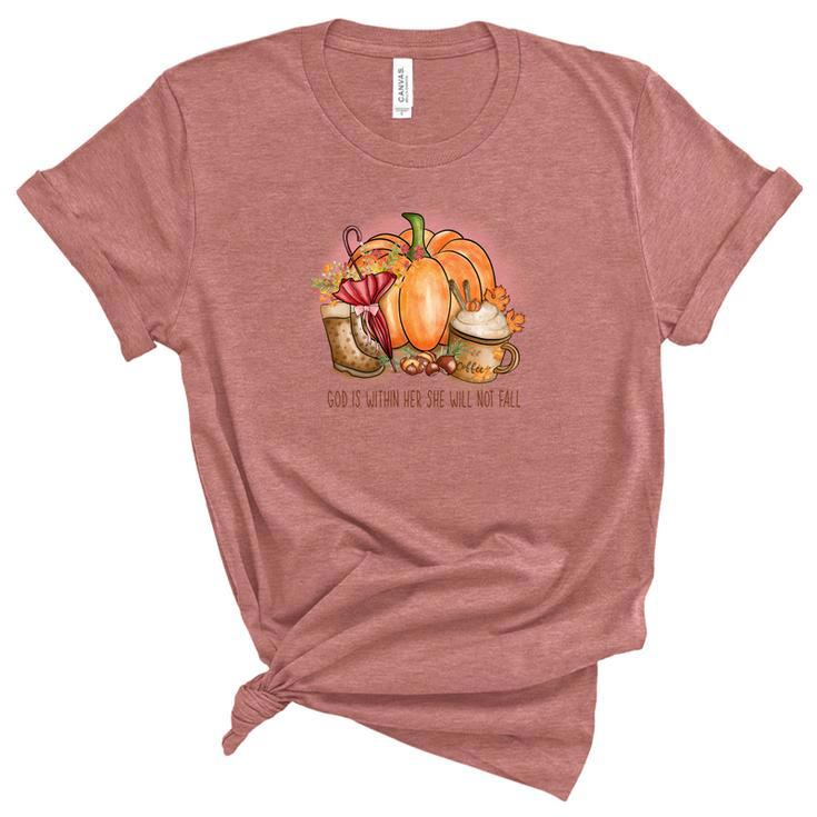 Cozy Autumn Fall God Is Within Her She Will Not Fall Women's Short Sleeve T-shirt Unisex Crewneck Soft Tee