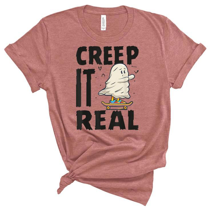 Creep It Real Ghost Men Skateboarding Halloween Fall Season  Women's Short Sleeve T-shirt Unisex Crewneck Soft Tee