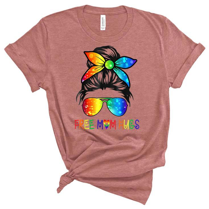 Free Mom Hugs Messy Bun Rainbow Lgbt Pride Month  Women's Short Sleeve T-shirt Unisex Crewneck Soft Tee