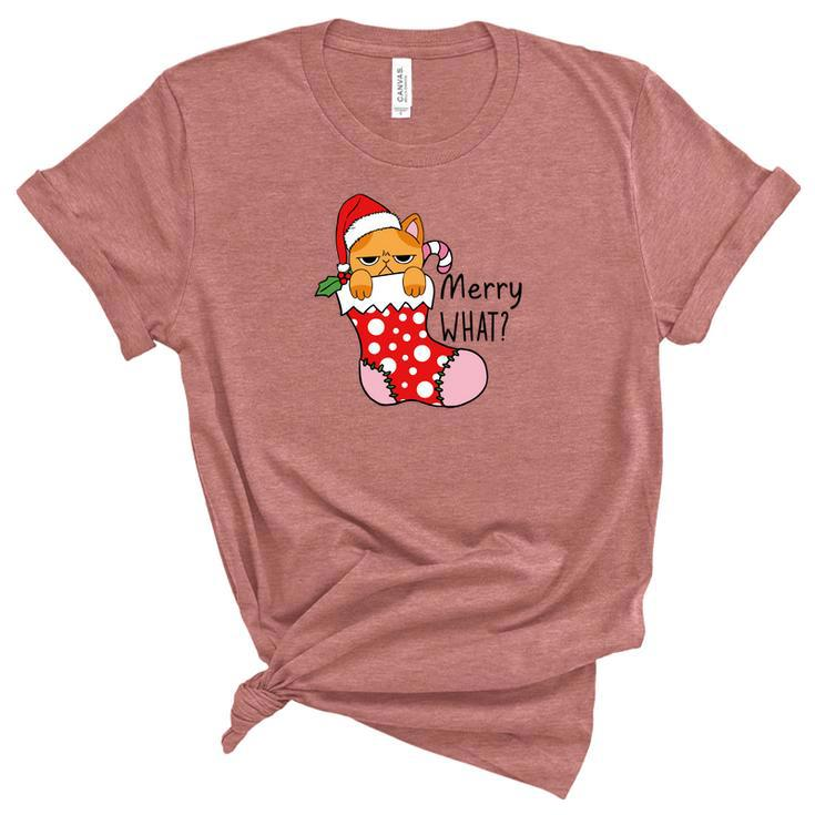 Funny Christmas Cat Merry What Xmas Holiday Women's Short Sleeve T-shirt Unisex Crewneck Soft Tee