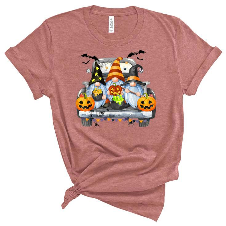 Funny Women Halloween Truck Gnomes Pumpkin Kids Thanksgiving  V2 Unisex Crewneck Soft Tee
