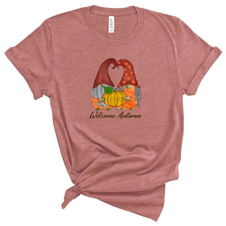 Gnomes Couple Welcome Autumn Fall Season Women's Short Sleeve T-shirt Unisex Crewneck Soft Tee