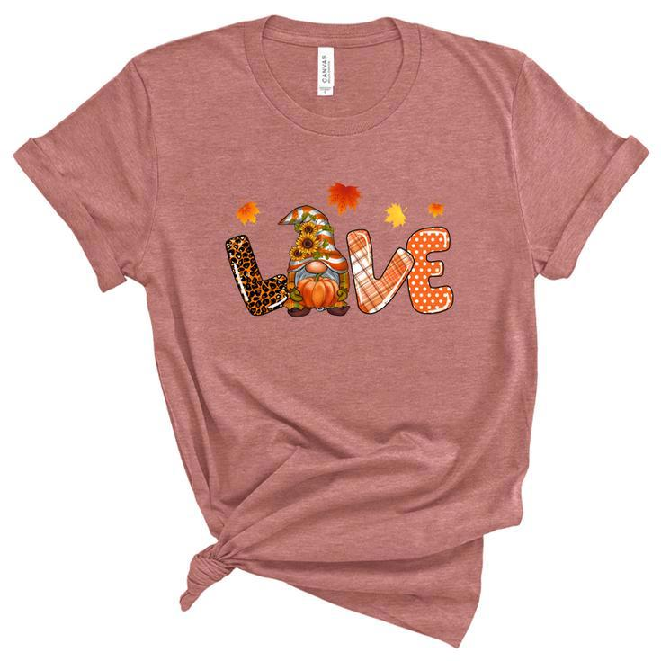 Gnomes Love Autumn Leaves Fall Season Women's Short Sleeve T-shirt Unisex Crewneck Soft Tee