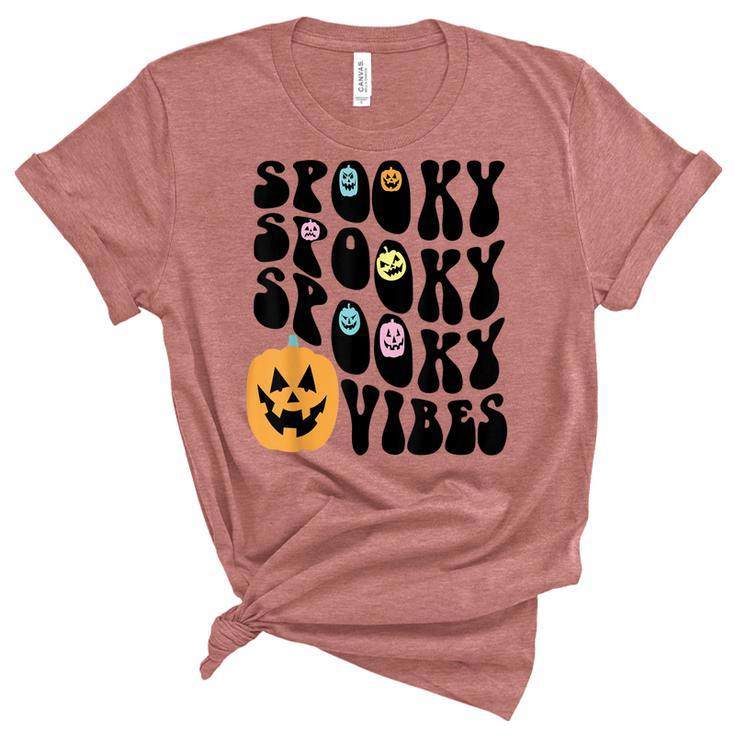 Groovy Spooky Vibes Scary Pumpkin Face Funny Halloween  Unisex Crewneck Soft Tee