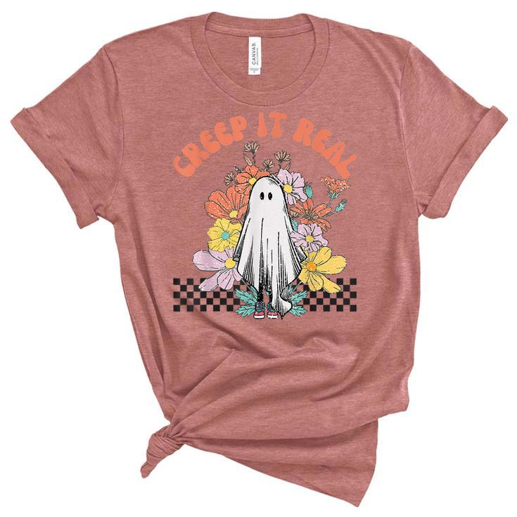 Halloween Costume Retro Creep It Real Ghost With Flowers  Women's Short Sleeve T-shirt Unisex Crewneck Soft Tee