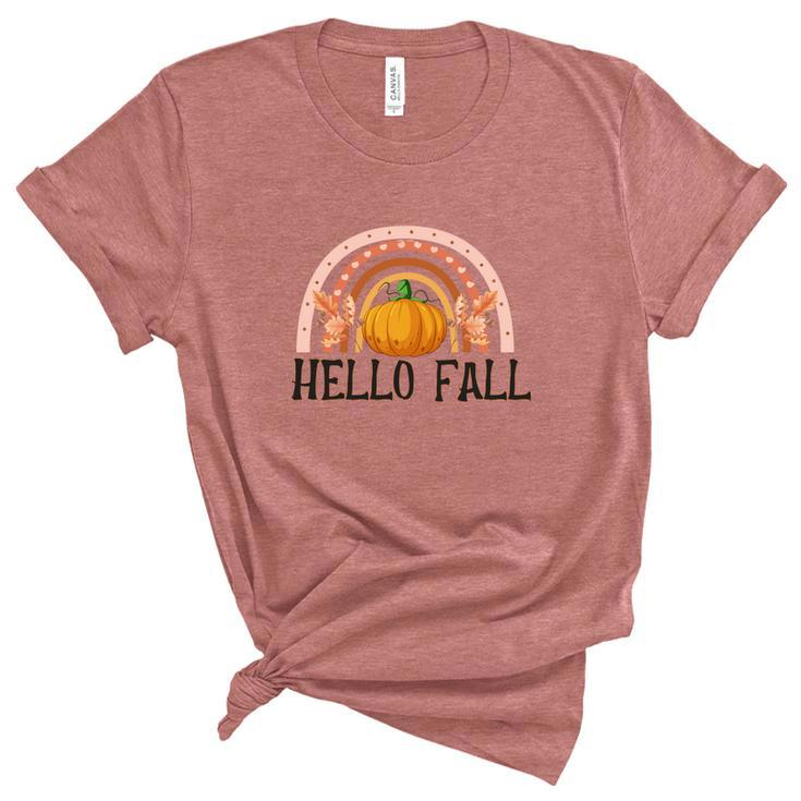 Hello Fall Boho Rainbow Pumpkin Women's Short Sleeve T-shirt Unisex Crewneck Soft Tee