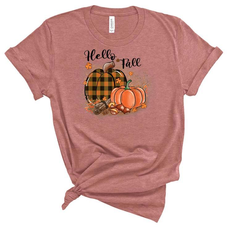 Hello Fall Plaid Pumpkin Spice Maple Leave Autumn Collection  Women's Short Sleeve T-shirt Unisex Crewneck Soft Tee