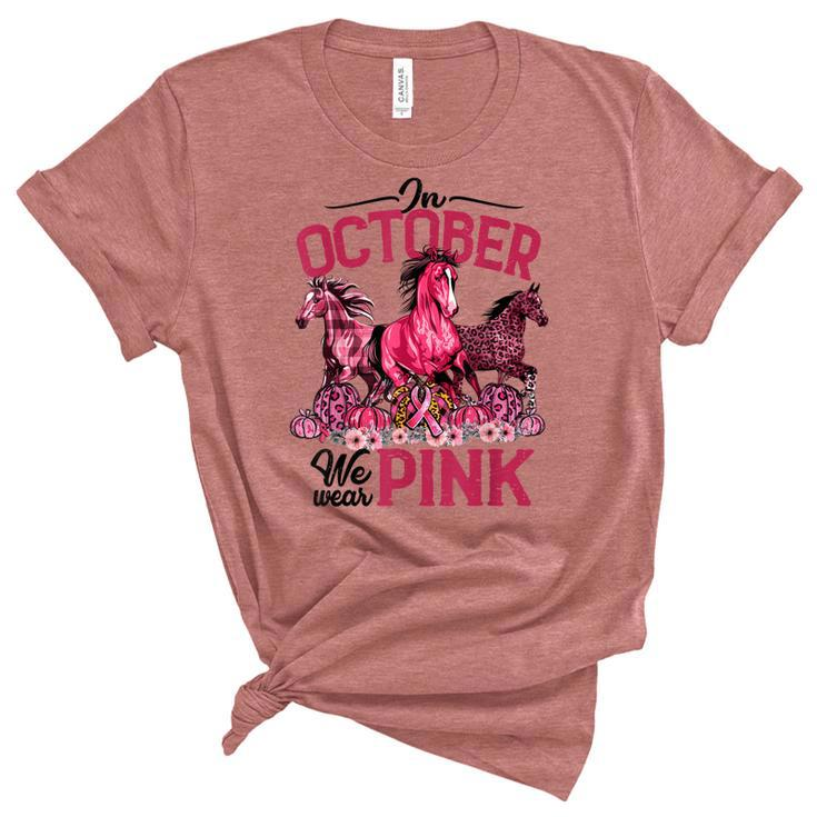 In October We Wear Pink Horse Leopard Pumpkin Breast Cancer  Women's Short Sleeve T-shirt Unisex Crewneck Soft Tee