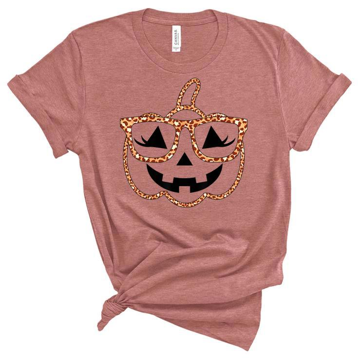 Jack O Lantern Face Pumpkin Halloween Leopard Print Glasses  V4 Unisex Crewneck Soft Tee