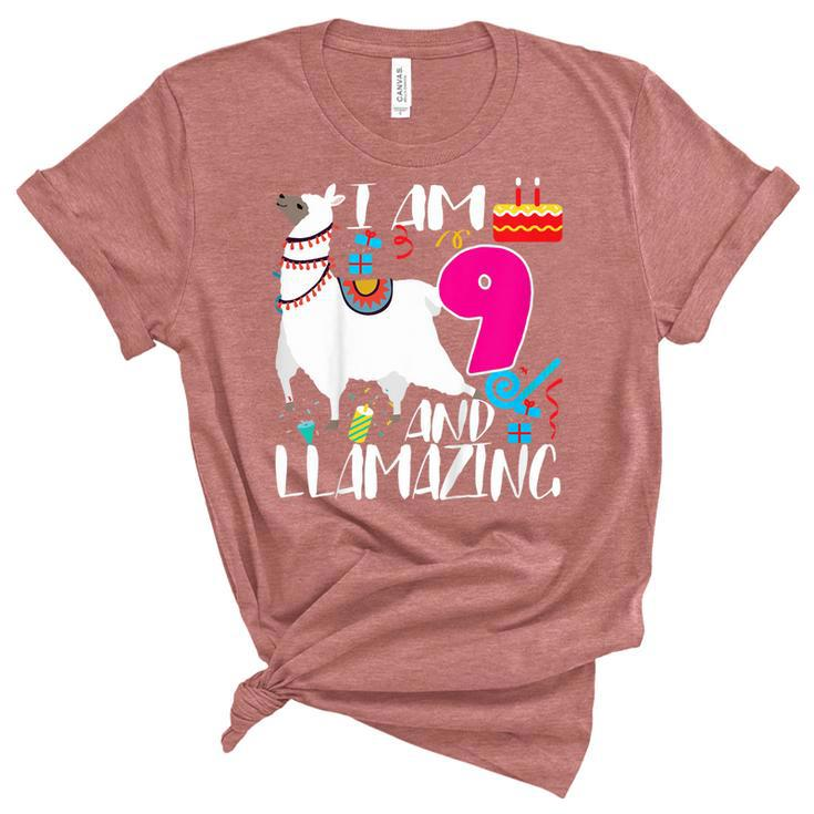 Kids 9 Year Old I Am 9 Years Old And Llamazing Llama 9Th Birthday  Women's Short Sleeve T-shirt Unisex Crewneck Soft Tee