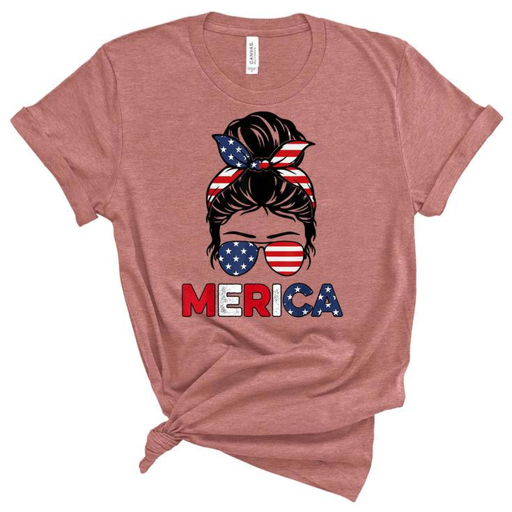 Merica Mom Girl American Flag Messy Bun Hair 4Th Of July Usa  V2 Unisex Crewneck Soft Tee