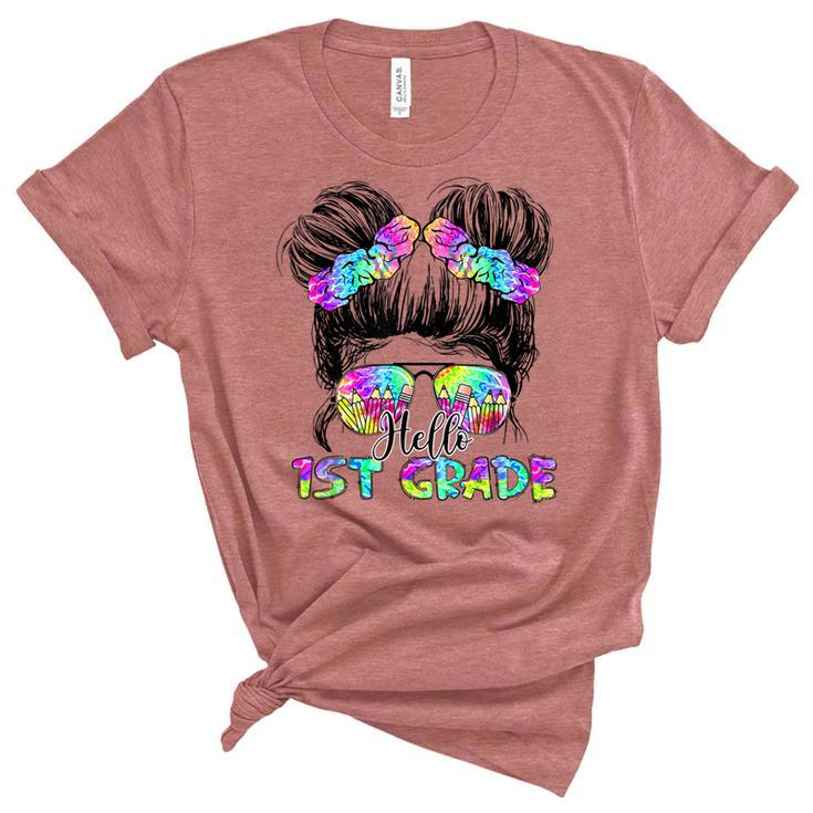 Messy Bun Hair Tie Dye Rainbow Kids Girls Hello First Grade  Unisex Crewneck Soft Tee
