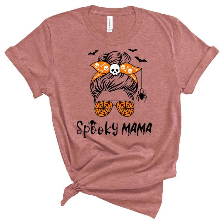 Messy Bun Spooky Mama Mom Funny Halloween Costume Skull  Unisex Crewneck Soft Tee