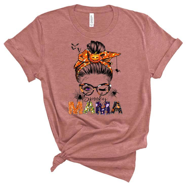 One Spooky Mama For Halloween Messy Bun Mom Monster Bleached  V2 Unisex Crewneck Soft Tee