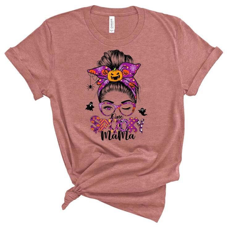 One Spooky Mama For Halloween Messy Bun Mom Monster Bleached  V6 Unisex Crewneck Soft Tee