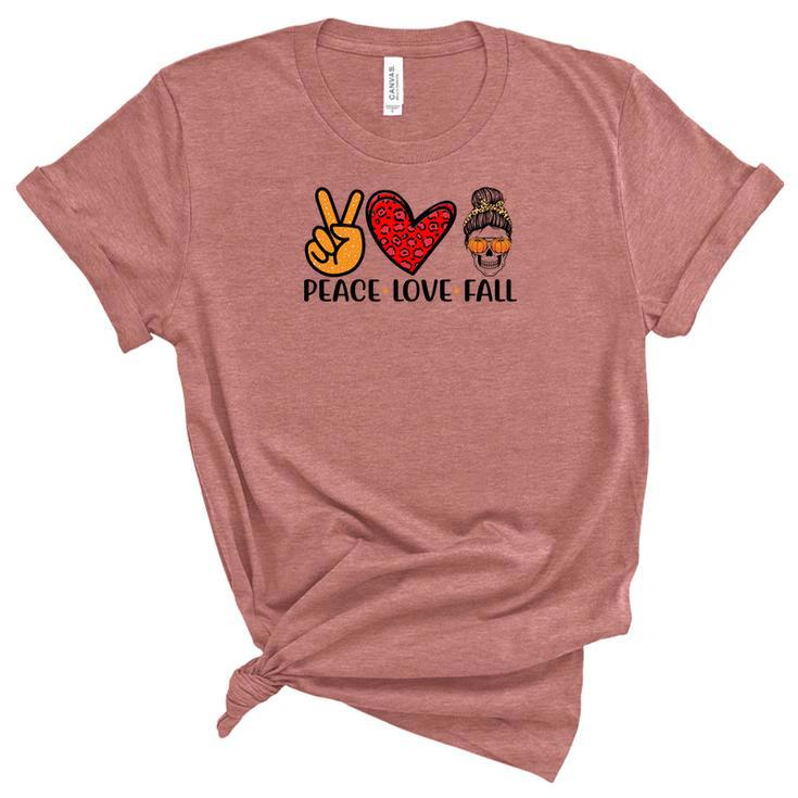 Peace Love Fall Messy Bun Girl Women's Short Sleeve T-shirt Unisex Crewneck Soft Tee