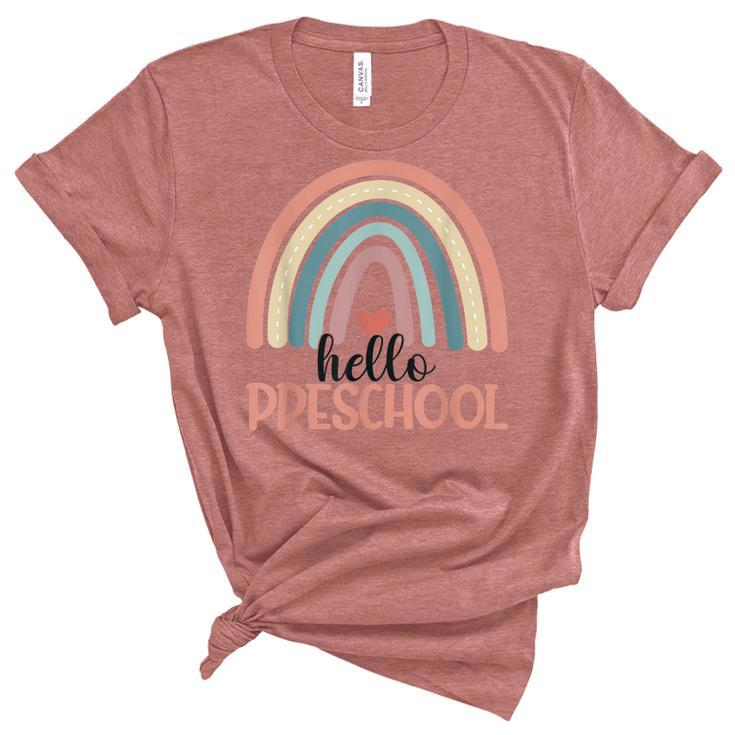 Preschool Boho Rainbow Hello Preschool Rainbow Teachers  Women's Short Sleeve T-shirt Unisex Crewneck Soft Tee