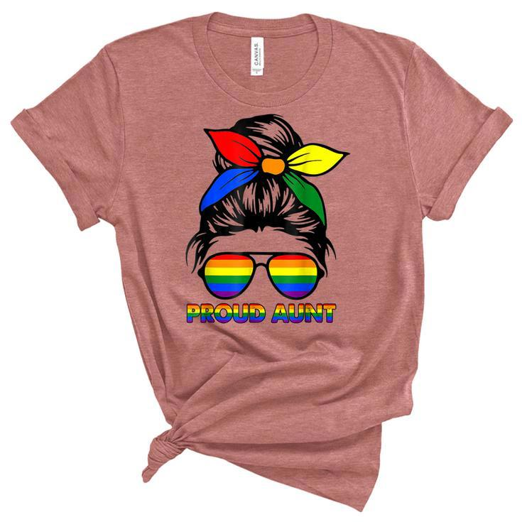 Proud Aunt Messy Bun Rainbow Lgbt Gay Pride Month  Women's Short Sleeve T-shirt Unisex Crewneck Soft Tee