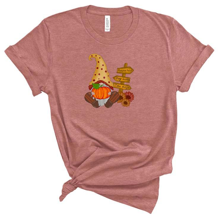 Pumpkin Patch Hay Rides Corn Maze Fall Gnomes Women's Short Sleeve T-shirt Unisex Crewneck Soft Tee
