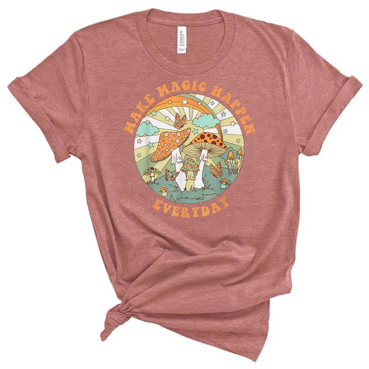 Retro Groovy Make Magic Happen Mushroom Hippie Botanical  Women's Short Sleeve T-shirt Unisex Crewneck Soft Tee
