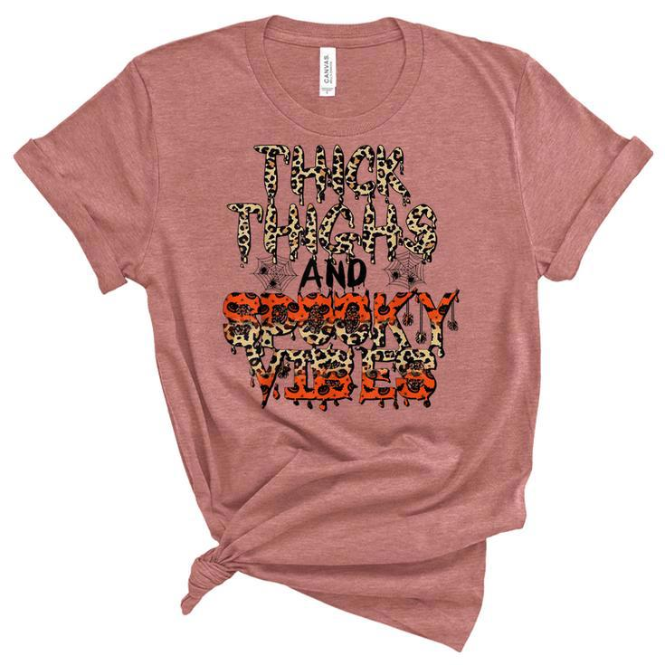 Retro Leopard Thick Thighs And Spooky Vibes Funny Halloween  Unisex Crewneck Soft Tee