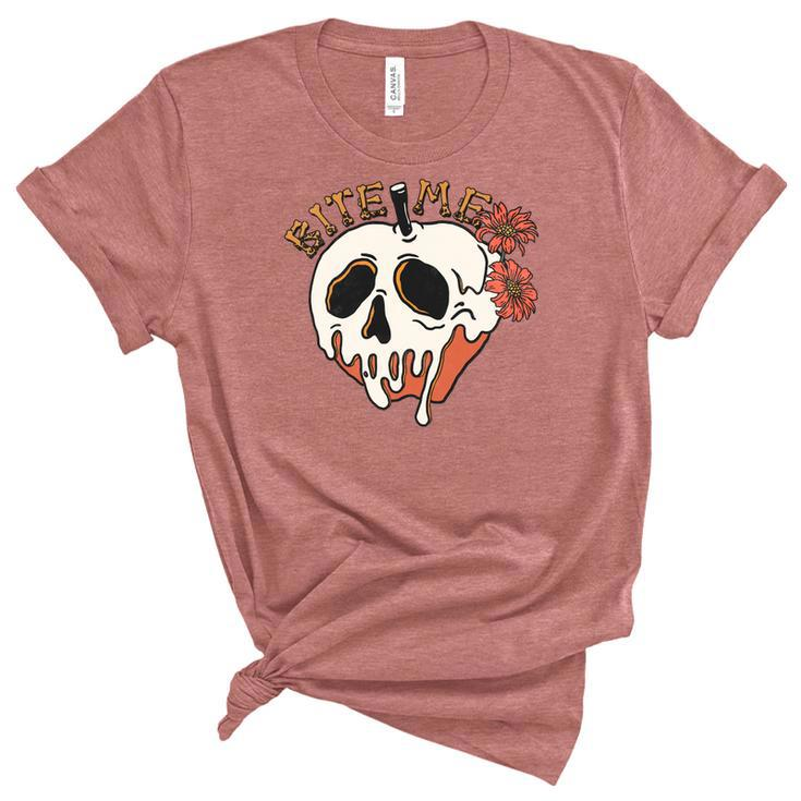 Skeleton Halloween Bite Me Spooky Design Women's Short Sleeve T-shirt Unisex Crewneck Soft Tee