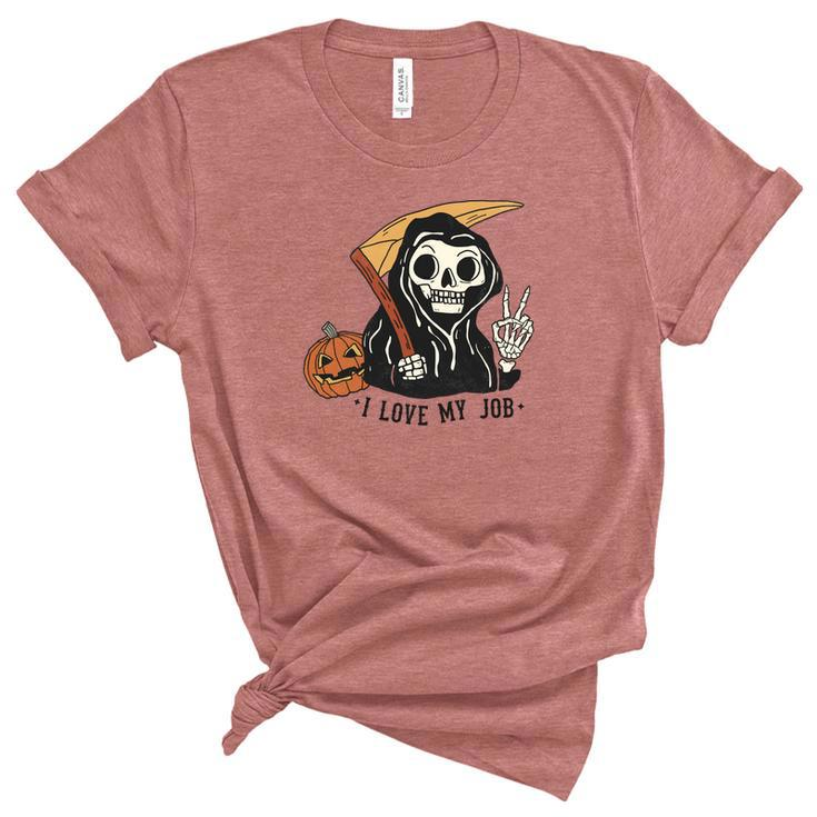 Skeleton Halloween I Love My Job Cute The Death Design Women's Short Sleeve T-shirt Unisex Crewneck Soft Tee