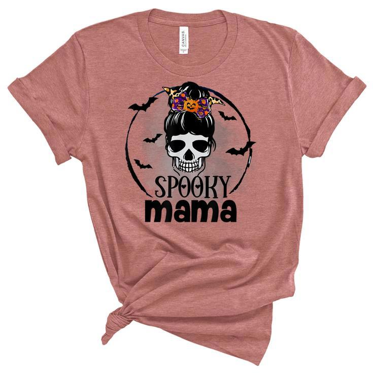 Spooky Mama Funny Halloween Mom Messy Bun Spooky Vibes  Unisex Crewneck Soft Tee