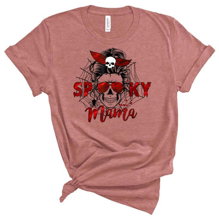 Spooky Mama Skull Witch Women Messy Bun Halloween Costume  Unisex Crewneck Soft Tee