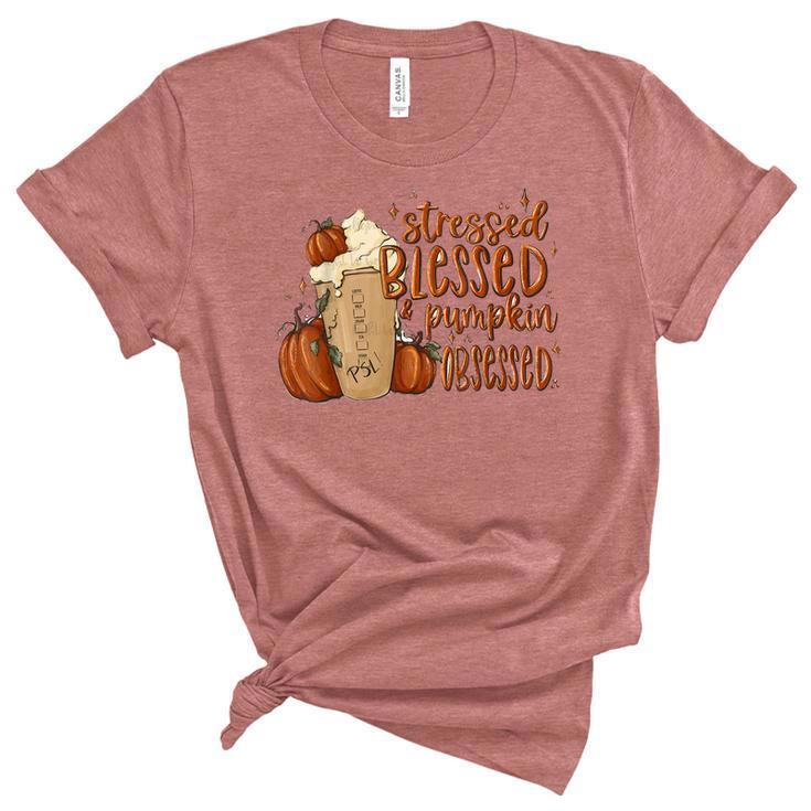 Stressed Blessed Pumpkin Spice Obsessed Coffee Thanksgiving  Women's Short Sleeve T-shirt Unisex Crewneck Soft Tee