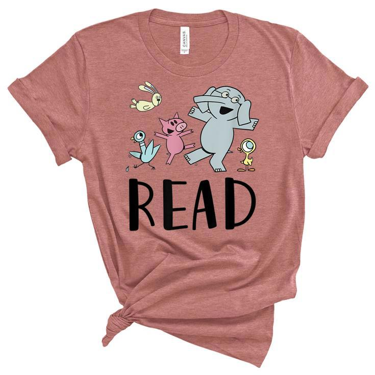 Teacher Library Funny Read Book Club Piggie Elephant Pigeons  Women's Short Sleeve T-shirt Unisex Crewneck Soft Tee